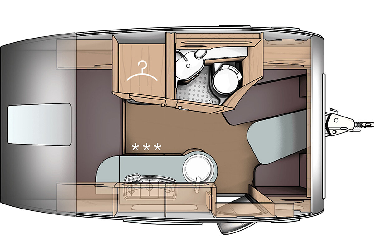 Mit einem T@b-Wohnmobil haben Sie die Flexibilität, Ihre Reiseroute nach Lust und Laune anzupassen. Grundriss eines kleinen Wohnwagens.