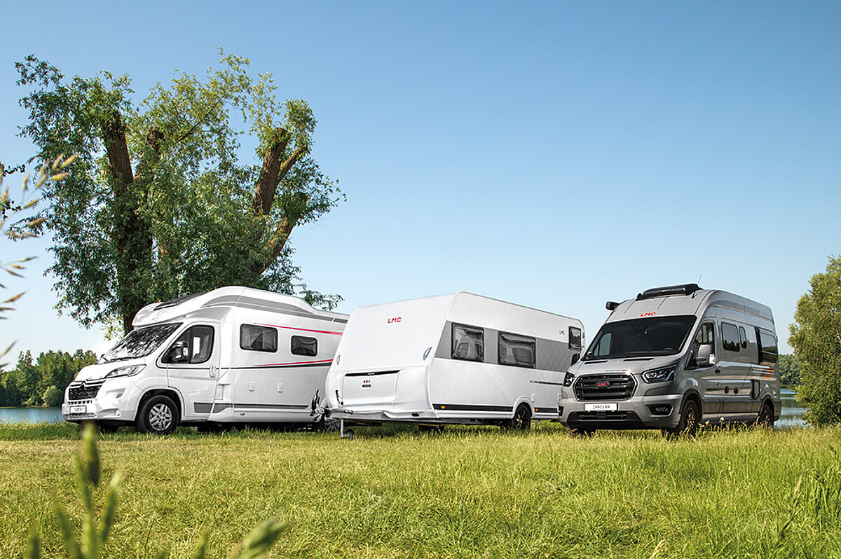 Ein Wohnmobil, ein Wohnwagen und ein Campervan stehen vor einem Baum auf einer Wiese.