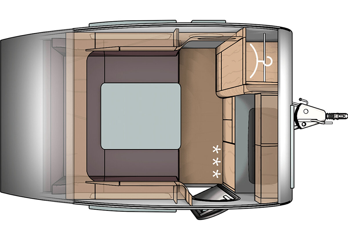 Die Qualität und das durchdachte Design der T@b-Wohnwagen machen sie zur perfekten Wahl für anspruchsvolle Camper. Grundriss eines Tab-Wohnwagens mit Liegefläche.