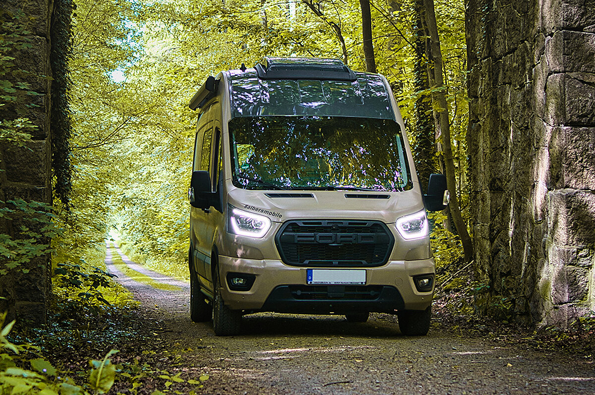 Ein Campervan in einem Wald.