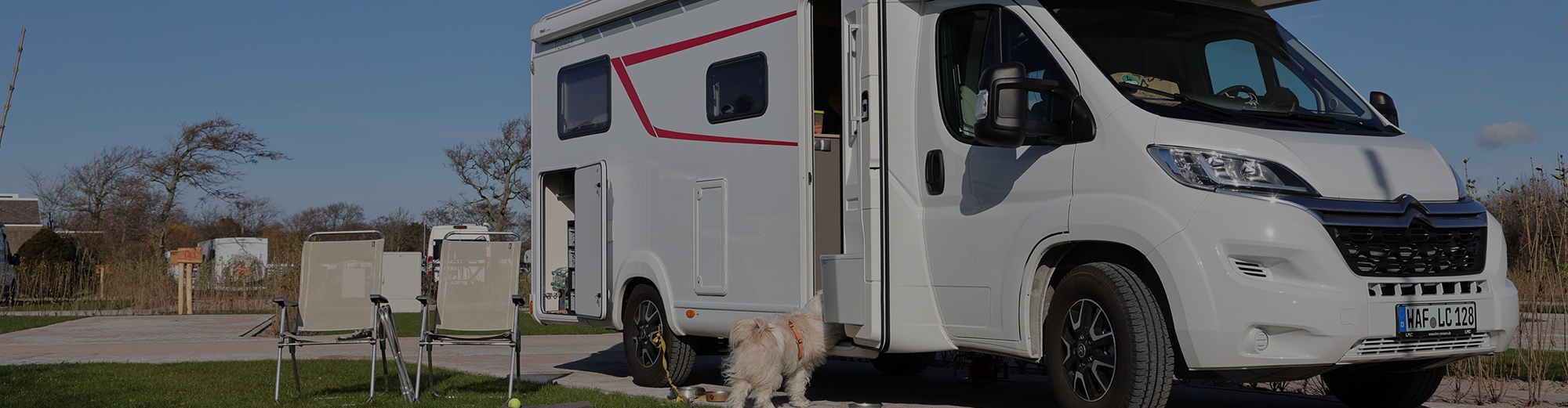 Ein weißes Wohnmobil mit roten Details. Ein Hund steht angeleint davor und schaut durch die geöffnete Tür.