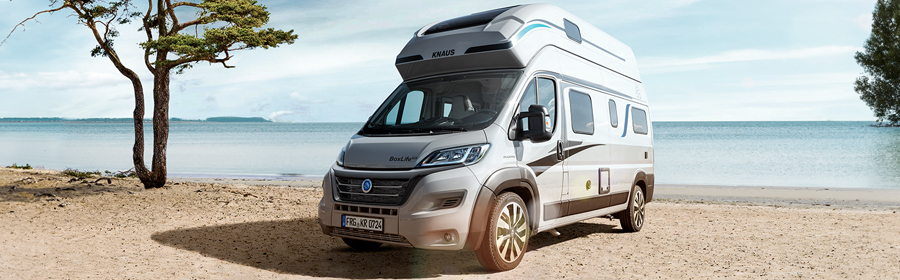 Ein Campervan steht vor einem See geparkt.